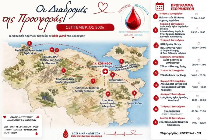 Αιμοδοσία Κορίνθου: Το πρόγραμμα του Σεπτεμβρίου – Ένας σκοπός, η ζωή