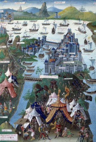 Mahomet II: Le siege (prise ou chute) de Constantinople par les Turcs Ottomans de Mahomet II, 1453. Miniature tiree de "l'Advis directif pour faire le passage d'outremer" du dominicain Brocard d'AlIemand traduit du latin vers 1445-1457 par le chanoine de Lille, Jean Mielot. 15eme siecle. Paris, B.N  ©Photo Josse/Leemage