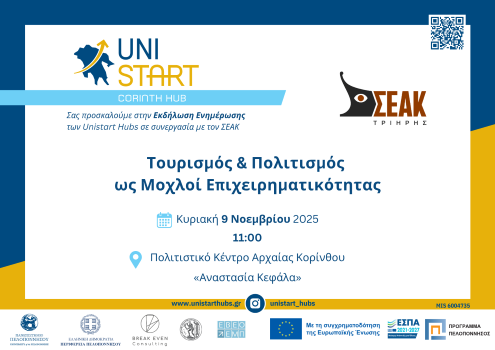UniStart Hubs | ΣΕΑΚ |  Πρόσκληση στην εκδήλωση: «Τουρισμός και Πολιτισμός ως Μοχλοί Επιχειρηματικότητας»
